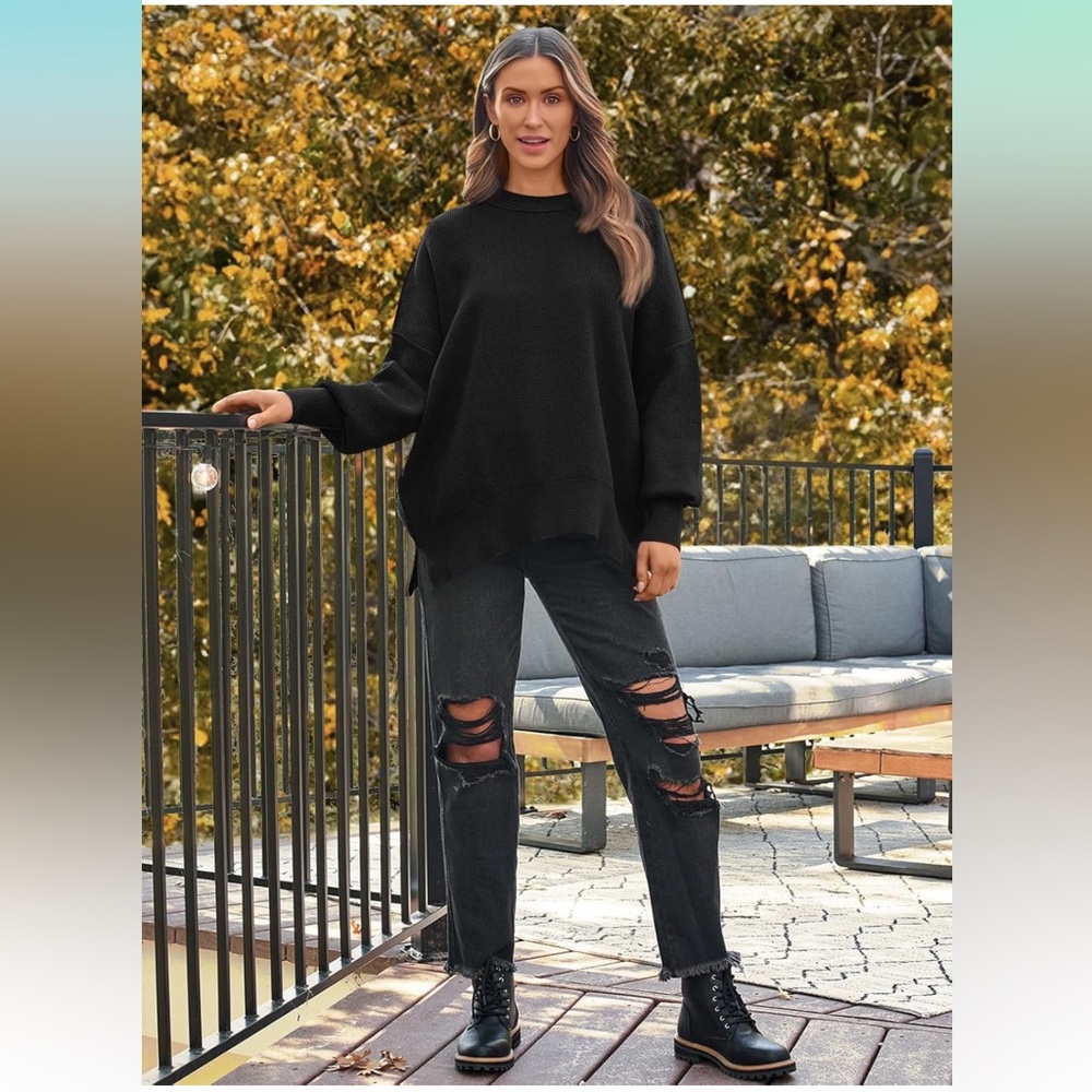 Women's Oversized Batwing Sweater Black 3X Crewneck Knit Side Slit Pullover Top - Picture 6 of 16